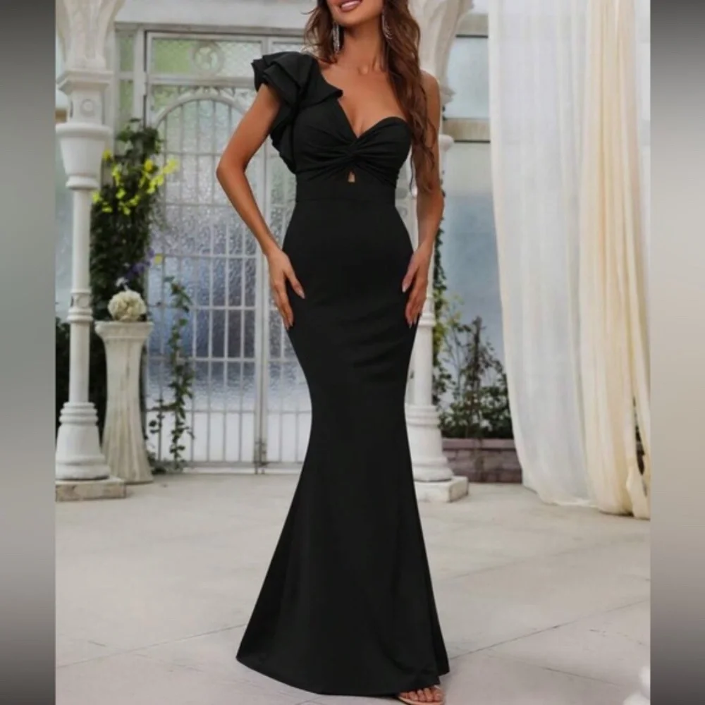 Classic One Shoulder Ruffle Twist Front Party Formal Wedding Dress - Picture 3 of 3